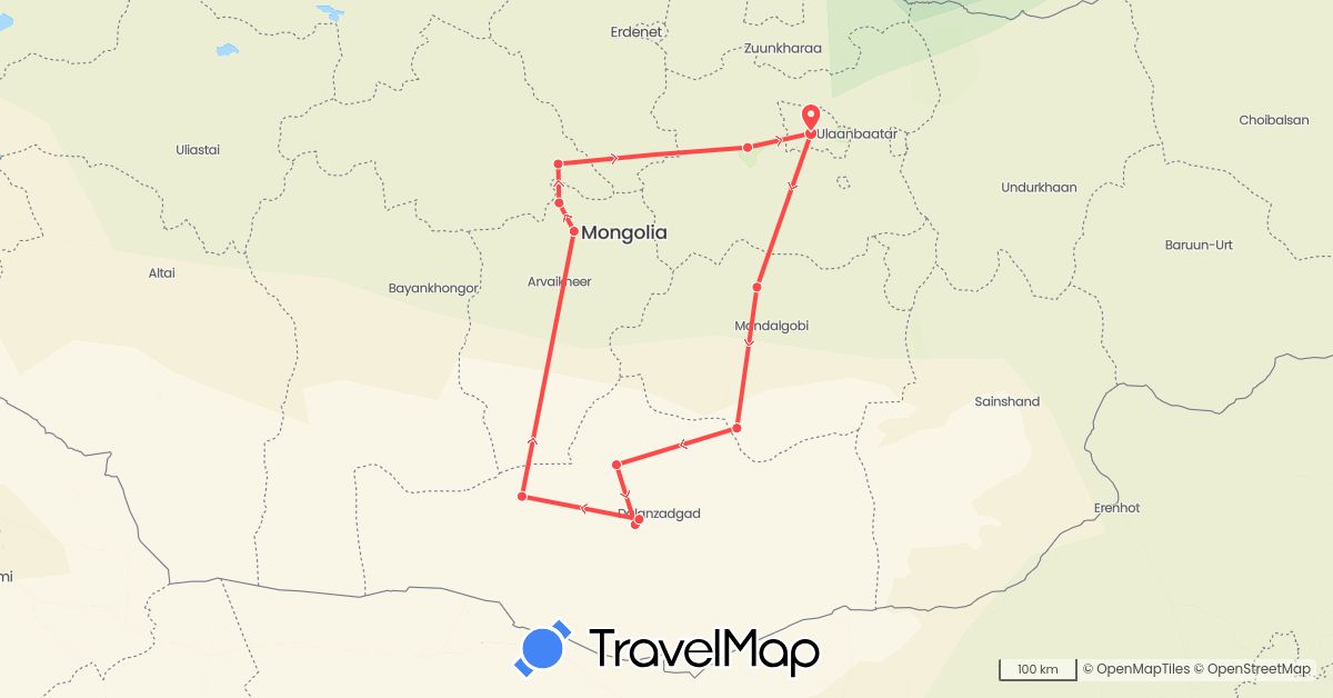 TravelMap itinerary: driving, hiking in Mongolia (Asia)